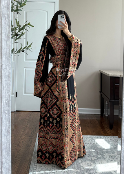 Black//Gold Dimond Long Full Embroidered Linen Fabric Thobe