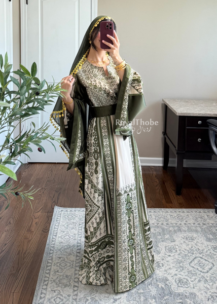 Beige/ Olive Green Malekah Full Embroidered Thobe