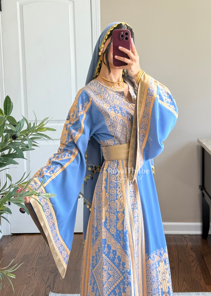 Blue /Gold Flower Malekah Full Embroidered Thobe
