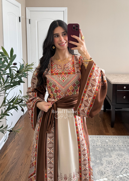 Beige/Brown Triangle Full Embroidered Thobe