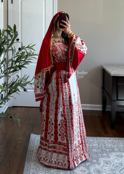 White/ Red Satin Maleka Kasab Full Embroidered Thobe