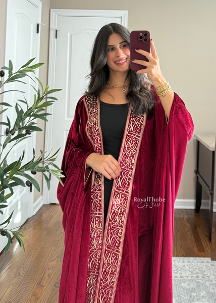 Burgundy Velvet Arabic Letter Bisht -Free Size