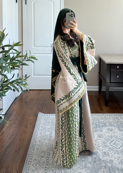 Beige/ Olive Green Zaytona Branches Full Embroidered Thobe With Fringe Sleeves