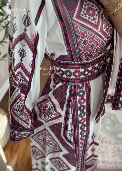 White/Purple Dimond Long Full Embroidered Thobe