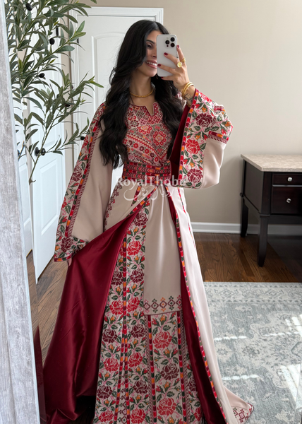 Bridal Beige/Burgundy Warda Full Embroidered Thobe