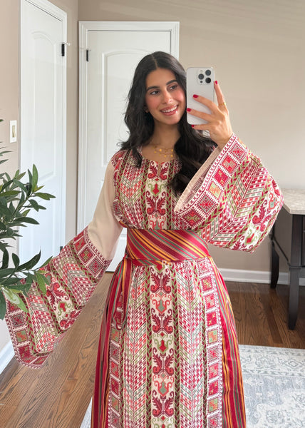 Beige/ Cream Saya Vintage Straight Cut Full Embroidered Thobe