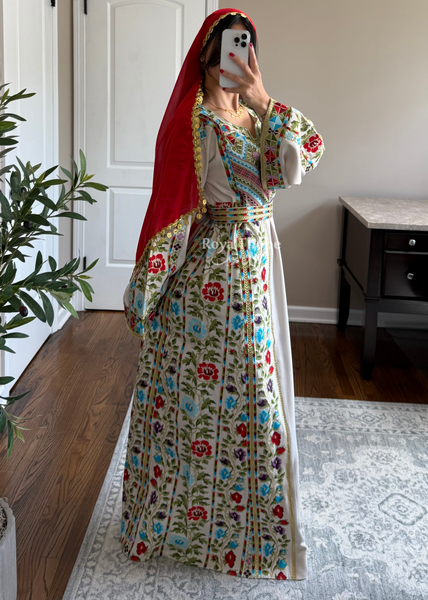 Beige/Cream Colorful Wardeh Kasab Long Full Embroidered Thobe