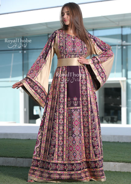 Purple/Beige Long Full Embroidered Thobe With Reversible Beige Satin Belt