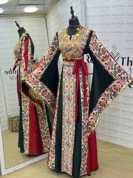 Olive Green & Cream Beige Satin Floral Full Embroidered Thobe with Gold Beaded Fringe Sleeves
