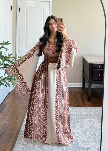 Beige/ Brown Zaytona Branches Full Embroidered Thobe