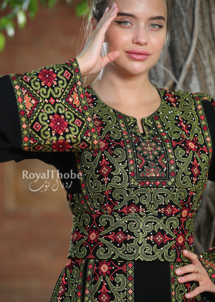 Black/Olive Green Simple 6 Lines Flower Full Embroidered Thobe