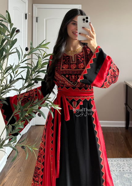 Black/Red Classic Simple Satin Long Full Embroidered Thobe