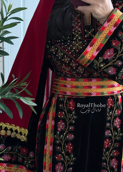 Velvet Black Floral Manajel Long Fully Embroidered Thobe