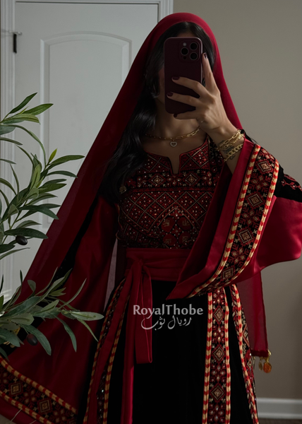 Velvet Black/Burgundy Simple Long Fully embroidered Thobe