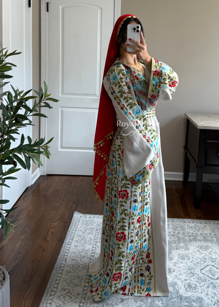 Beige/Cream Colorful Wardeh Kasab Long Full Embroidered Thobe