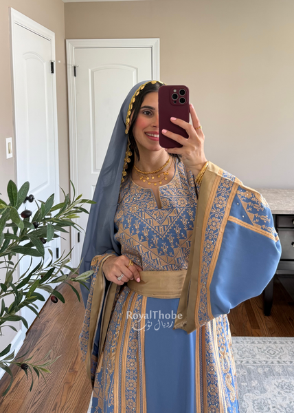 Blue /Gold Flower Malekah Full Embroidered Thobe