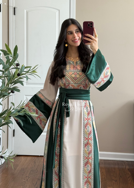 Beige/Olive Green Simple Full Embroidered Thobe