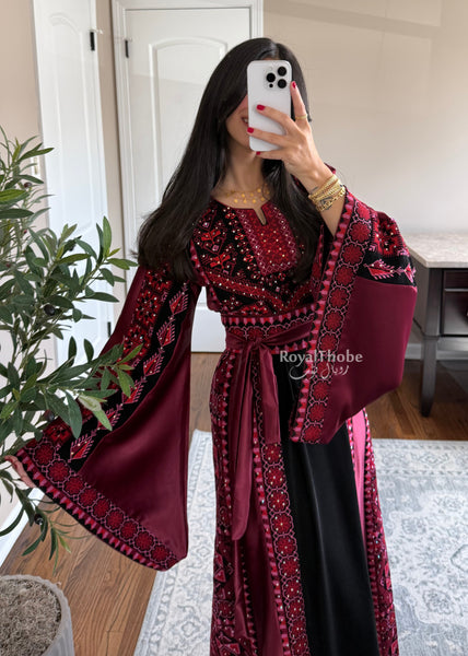 Black/Burgundy Long Full Embroidered Thobe