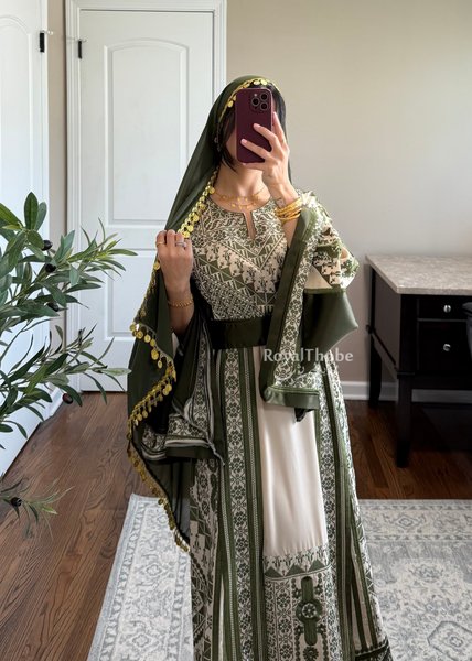 Beige/ Olive Green Malekah Full Embroidered Thobe
