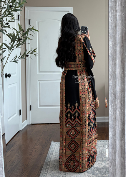Black//Gold Dimond Long Full Embroidered Linen Fabric Thobe