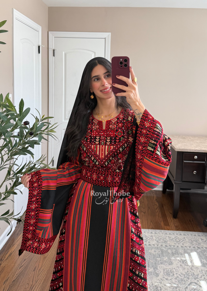Black/Red Majdlawe Long Full Embroidered Thobe