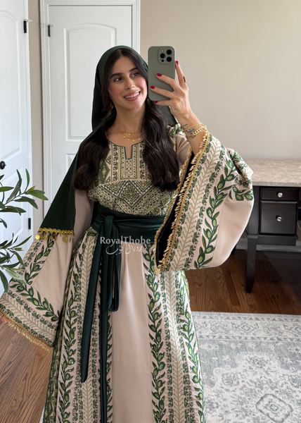 Beige/ Olive Green Zaytona Branches Full Embroidered Thobe With Fringe Sleeves