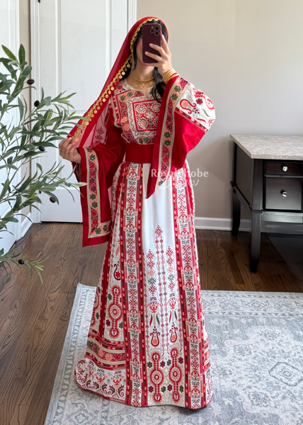 White/ Red Satin Maleka Kasab Full Embroidered Thobe