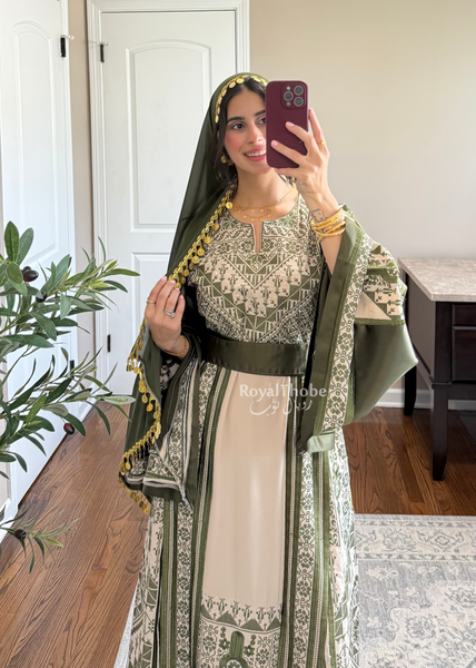 Beige/ Olive Green Malekah Full Embroidered Thobe