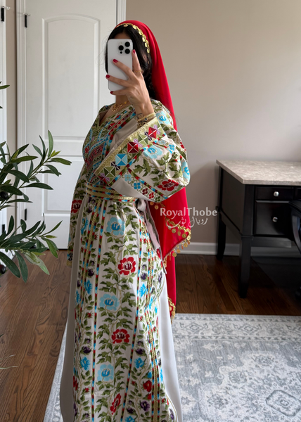Beige/Cream Colorful Wardeh Kasab Long Full Embroidered Thobe