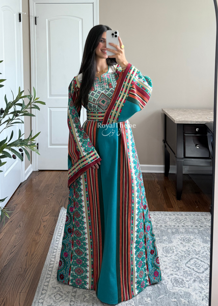 Turquoise Majdlawe Kasab Long Full Embroidered Thobe