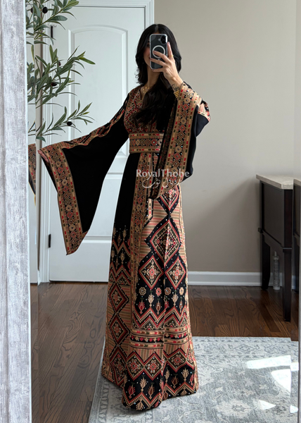 Black//Gold Dimond Long Full Embroidered Linen Fabric Thobe