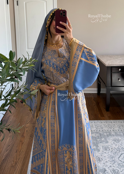Blue /Gold Flower Malekah Full Embroidered Thobe