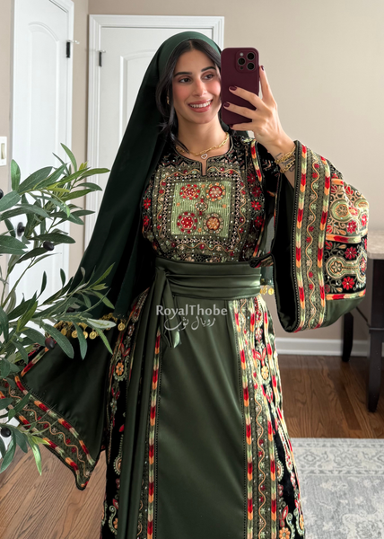 Olive Green Satin & Black Velvet Maleka Fully Embroidered Thobe