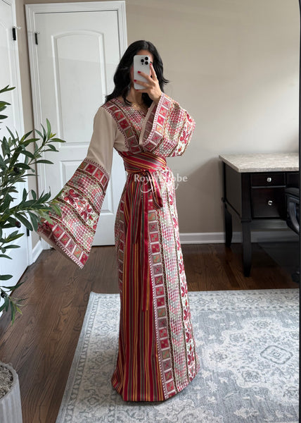 Beige/ Cream Saya Vintage Straight Cut Full Embroidered Thobe