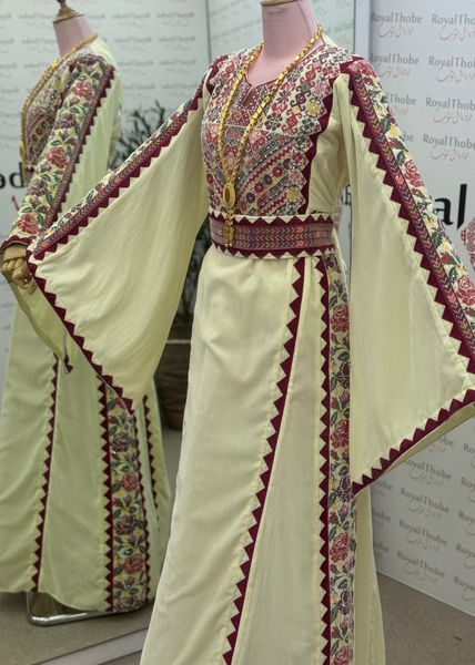 Off White/Cream Simple Floral Long Embroidered Thobe/Dress