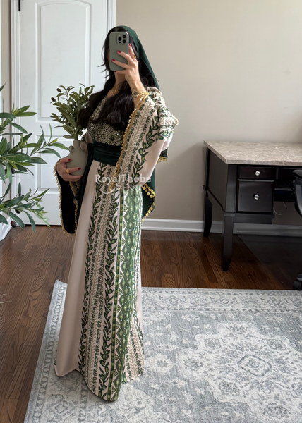 Beige/ Olive Green Zaytona Branches Full Embroidered Thobe With Fringe Sleeves