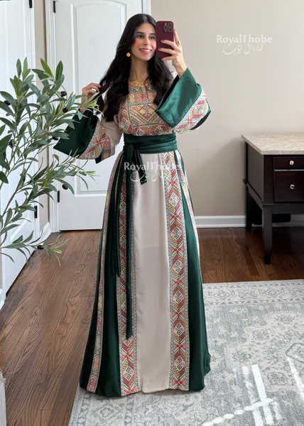 Beige/Olive Green Simple Full Embroidered Thobe