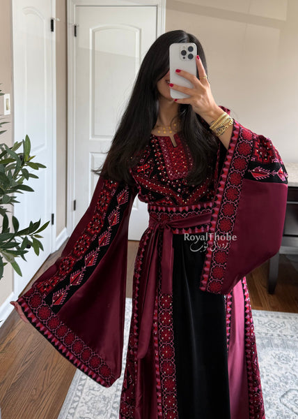 Black/Burgundy Long Full Embroidered Thobe