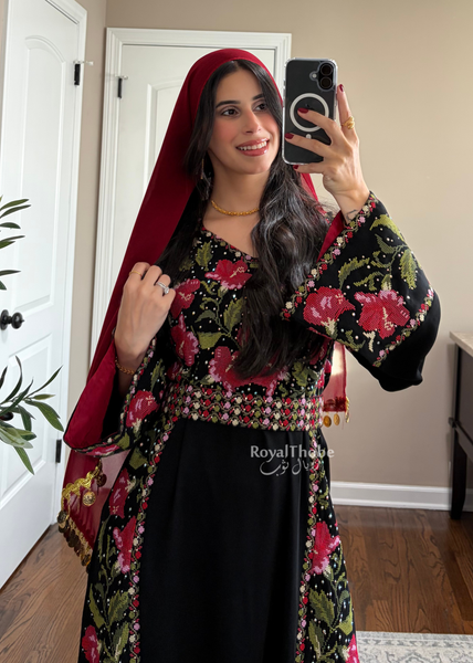 Floral Black/Red Long Full Embroidered Thobe