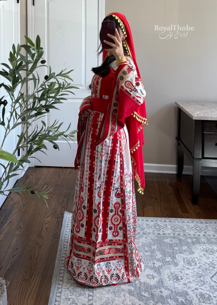White/ Red Satin Maleka Kasab Full Embroidered Thobe