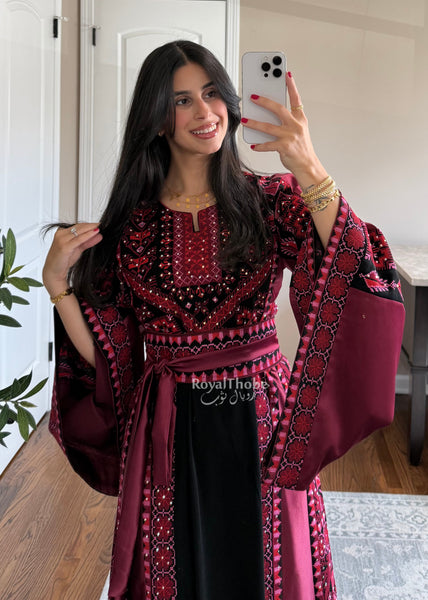 Black/Burgundy Long Full Embroidered Thobe