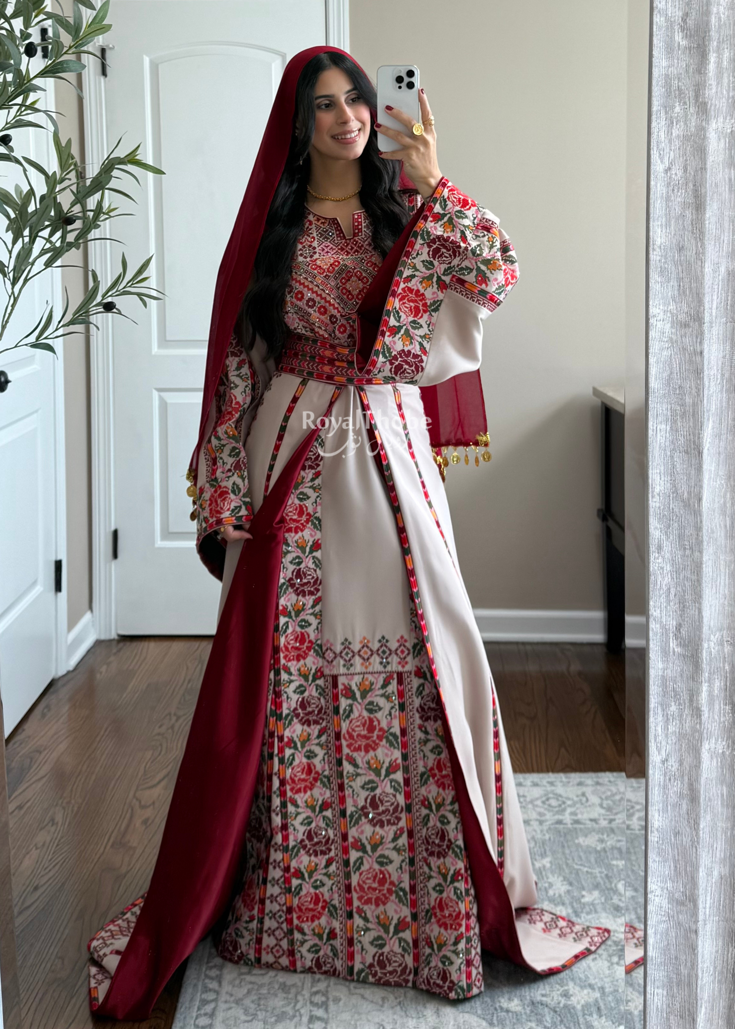 Bridal Beige/Burgundy Warda Full Embroidered Thobe