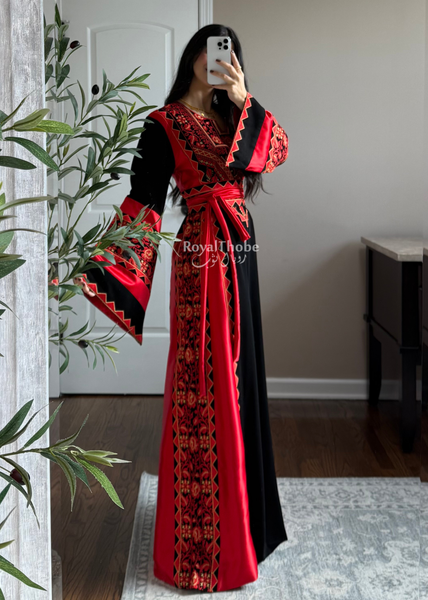 Black/Red Classic Simple Satin Long Full Embroidered Thobe