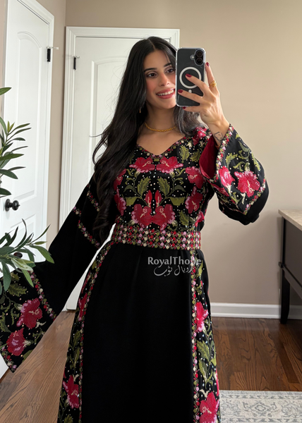 Floral Black/Red Long Full Embroidered Thobe