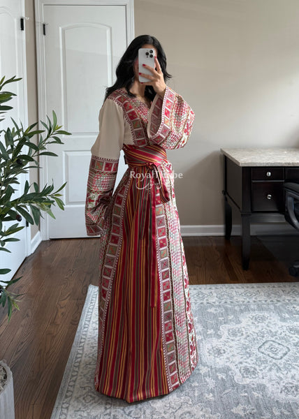 Beige/ Cream Saya Vintage Straight Cut Full Embroidered Thobe