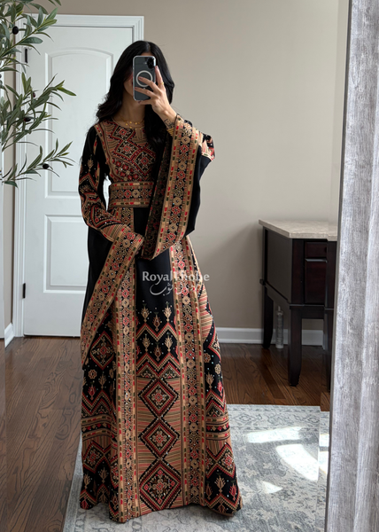 Black//Gold Dimond Long Full Embroidered Linen Fabric Thobe