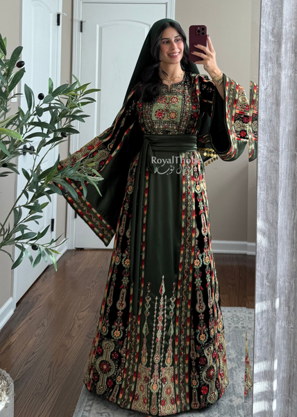 Olive Green Satin & Black Velvet Maleka Fully Embroidered Thobe