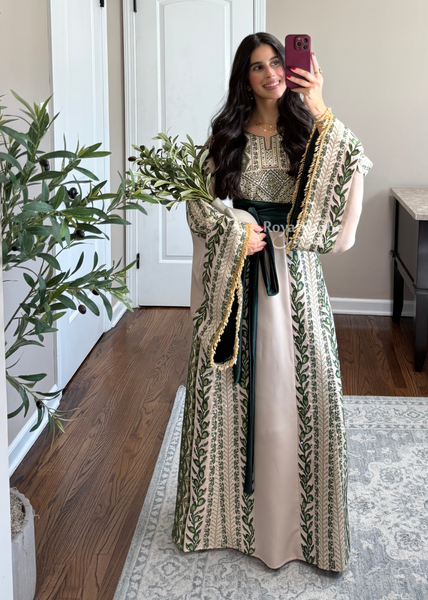 Beige/ Olive Green Zaytona Branches Full Embroidered Thobe With Fringe Sleeves