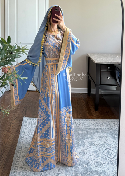 Blue /Gold Flower Malekah Full Embroidered Thobe