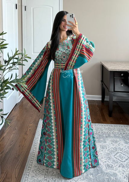 Turquoise Majdlawe Kasab Long Full Embroidered Thobe